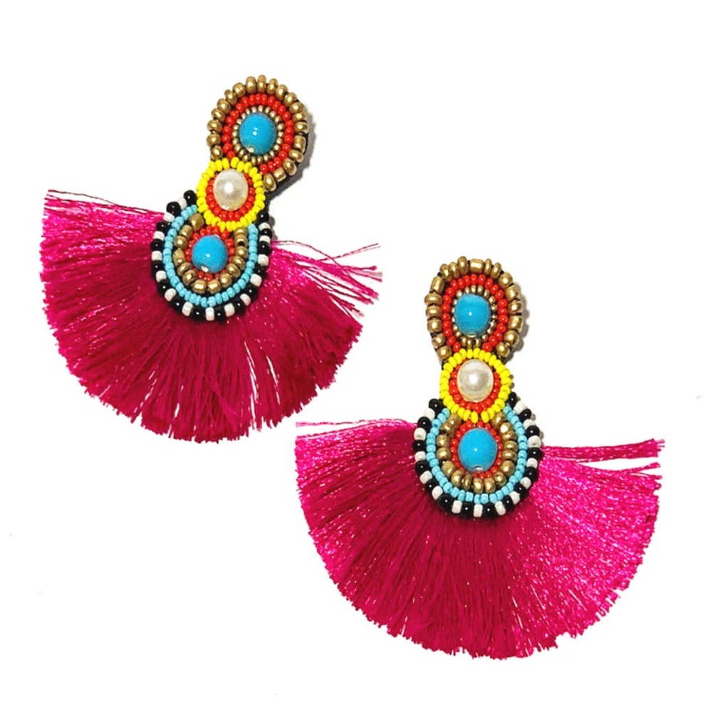 Vibrant Beaded Tassel Earrings | Fuchsia